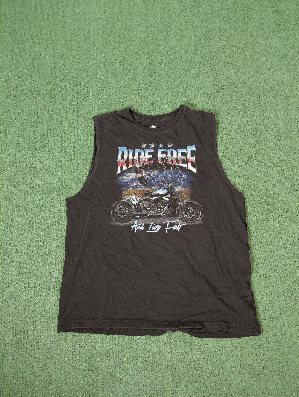 Ride Free And Live Fast USA Motorcycle Biker Black Tank Top Sz Large